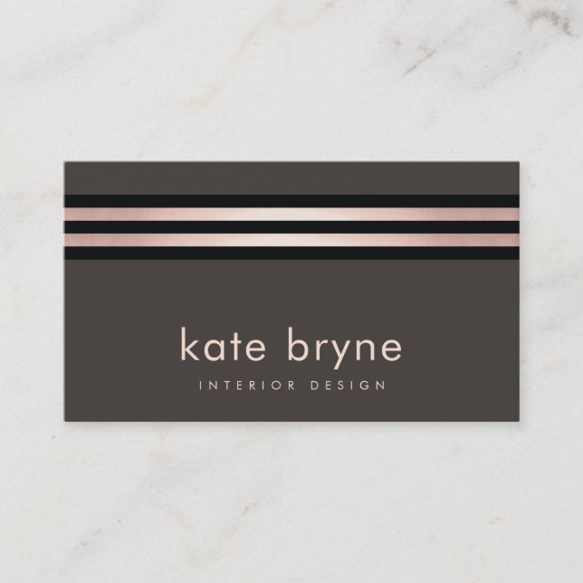 Stylish Rose Gold Striped Modern Interior Designer Business Card (Front)