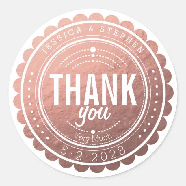 Stylish Rose Gold Thank You Wedding Sticker | Zazzle