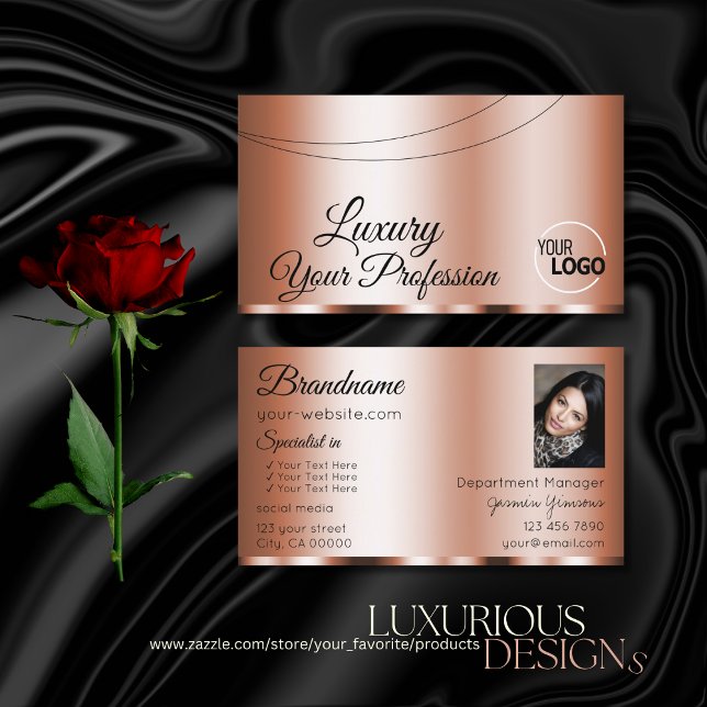 Stylish Rose Golden Glamorous with Logo and Photo Business Card (Creator Uploaded)