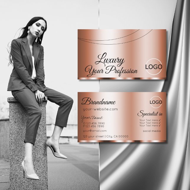 Stylish Rose Golden Glamorous with Logo Modern Business Card (Creator Uploaded)