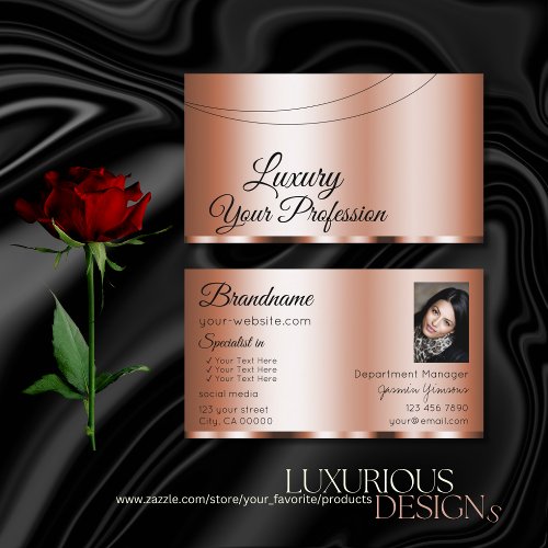 Stylish Rose Golden Glamorous with Photo Modern Business Card