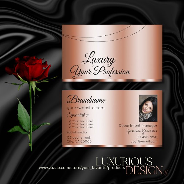 Stylish Rose Golden Glamorous with Photo Modern Business Card (Creator Uploaded)