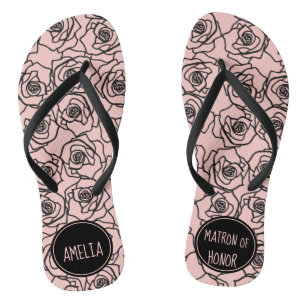 Stylish Rose Peach & Black Matron Of Honor Flip Flops