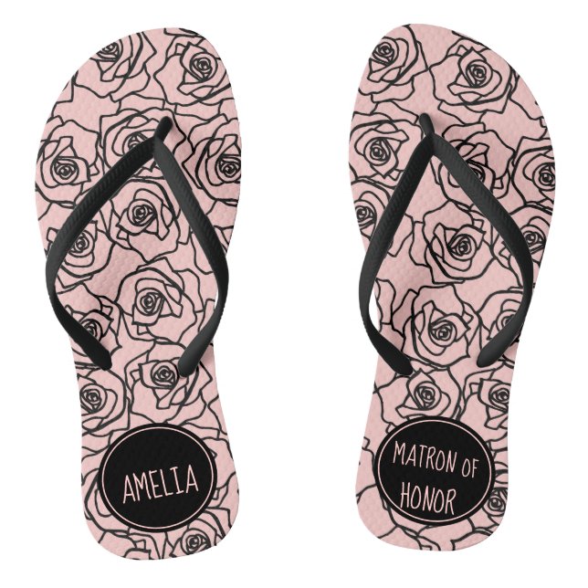 Stylish Rose Peach & Black Matron Of Honor Flip Flops (Footbed)