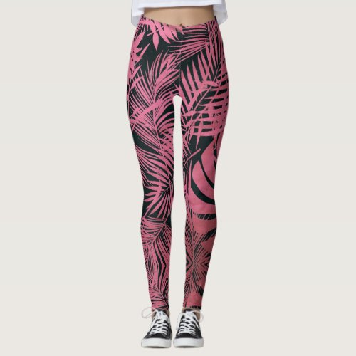 Stylish rose pink palm tree leaves pattern trendy leggings