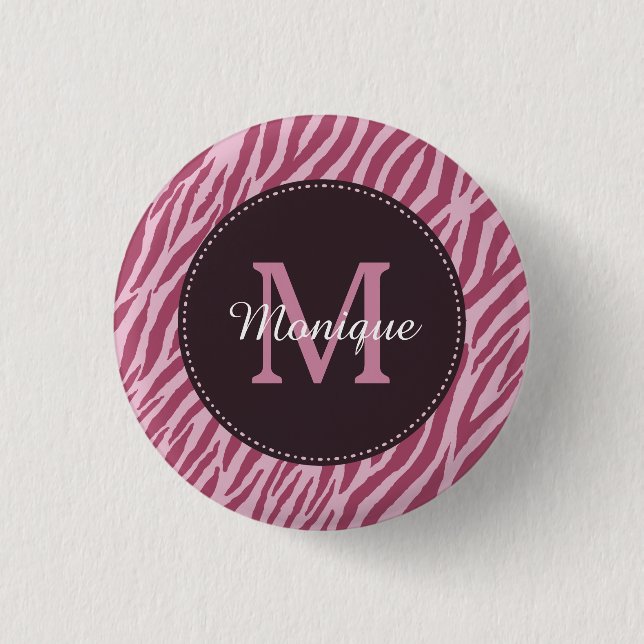 Stylish Rose Pink Zebra Print Monogram and Name Button (Front)