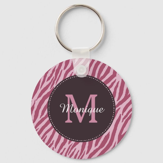 Stylish Rose Pink Zebra Print Monogram and Name Keychain (Front)