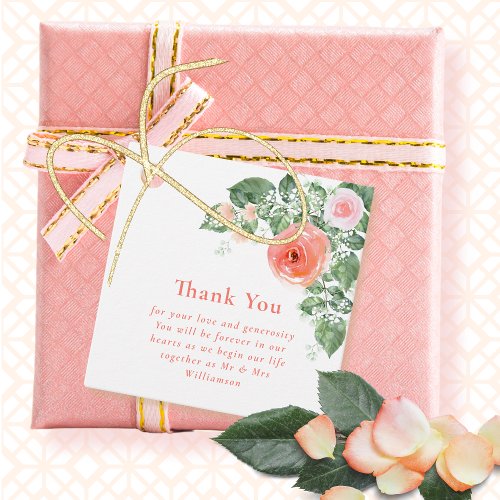 Stylish Roses Coral Pink Green Wedding Thank You   Favor Tags