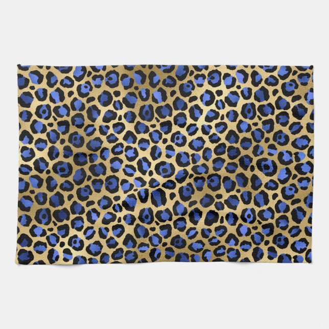Stylish Royal Blue and Gold Foil Leopard Spots Kitchen Towel (Horizontal)