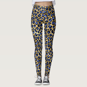 Stylish Royal Blue and Gold Foil Leopard Spots Leggings