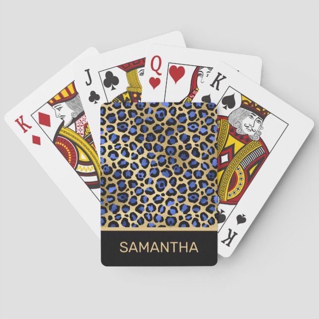Stylish Royal Blue and Gold Foil Leopard Spots Poker Cards (Back)