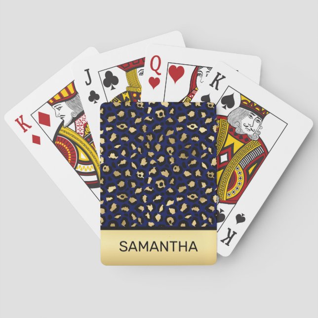 Stylish Royal Blue and Gold Foil Leopard Spots Poker Cards (Back)