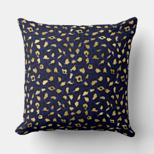 Stylish Royal Blue and Gold Foil Leopard Spots Throw Pillow