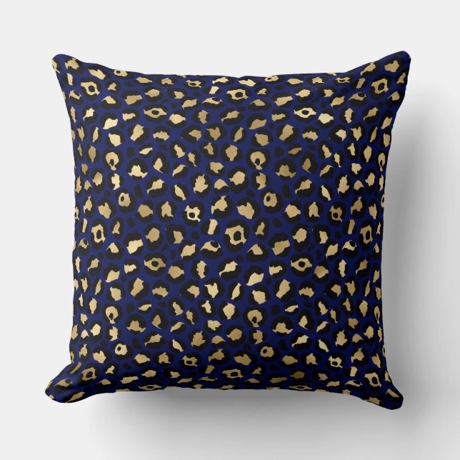 Stylish Royal Blue and Gold Foil Leopard Spots Throw Pillow (Front)