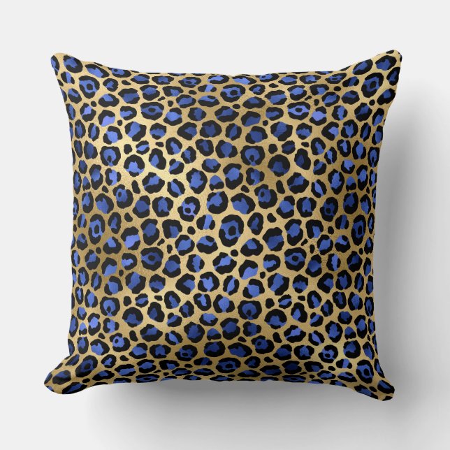 Stylish Royal Blue and Gold Foil Leopard Spots Throw Pillow (Front)