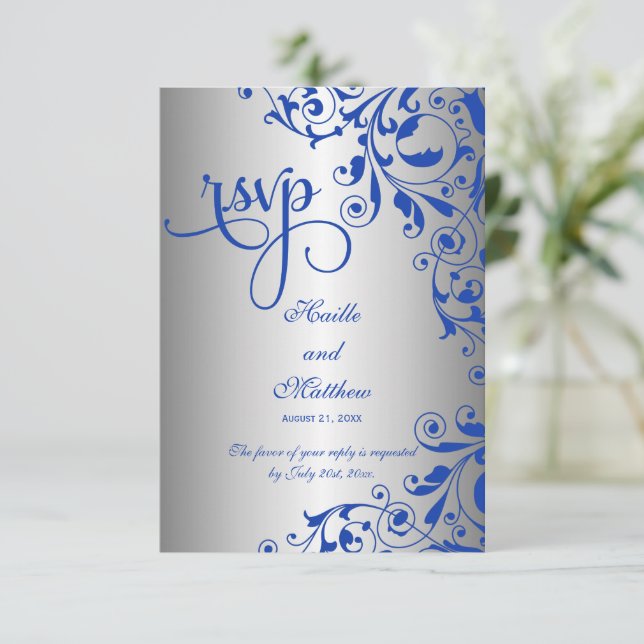 Stylish Royal Blue and Silver Swirls RSVP (Standing Front)