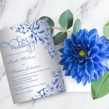 Stylish Royal Blue And Silver Swirls Wedding Invitation by SocialiteDesigns at Zazzle