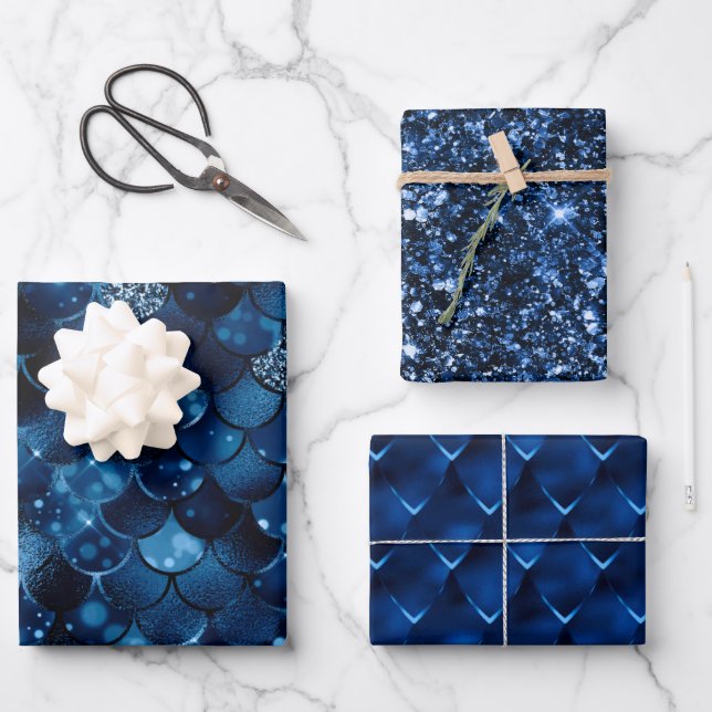 Stylish Royal Blue Dragon & Mermaid Scales Glitter Wrapping Paper Sheets (Front)