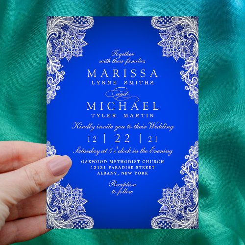 Stylish Royal Blue Floral Lace Modern Wedding Invitation