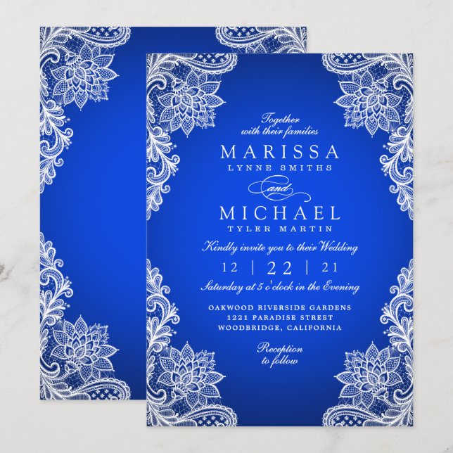 Stylish Royal Blue Floral Lace Wedding Invitation (Front/Back)