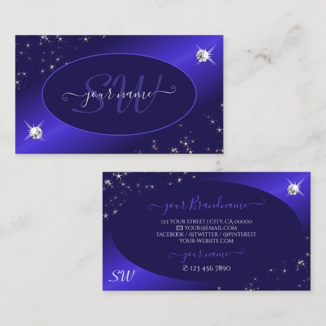 Stylish Royal Blue Glitter Stars Diamonds Initials Business Card (Front/Back)