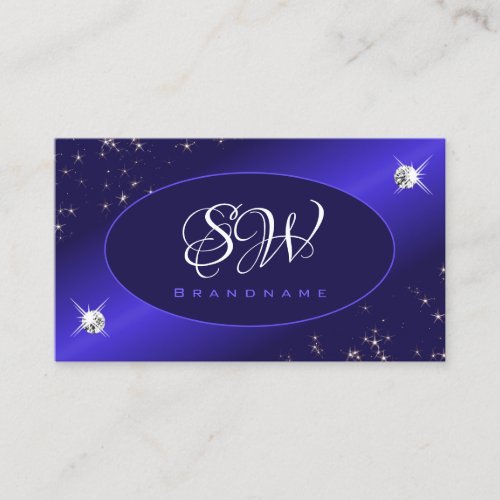 Stylish Royal Blue Glitter Stars Diamonds Monogram Business Card