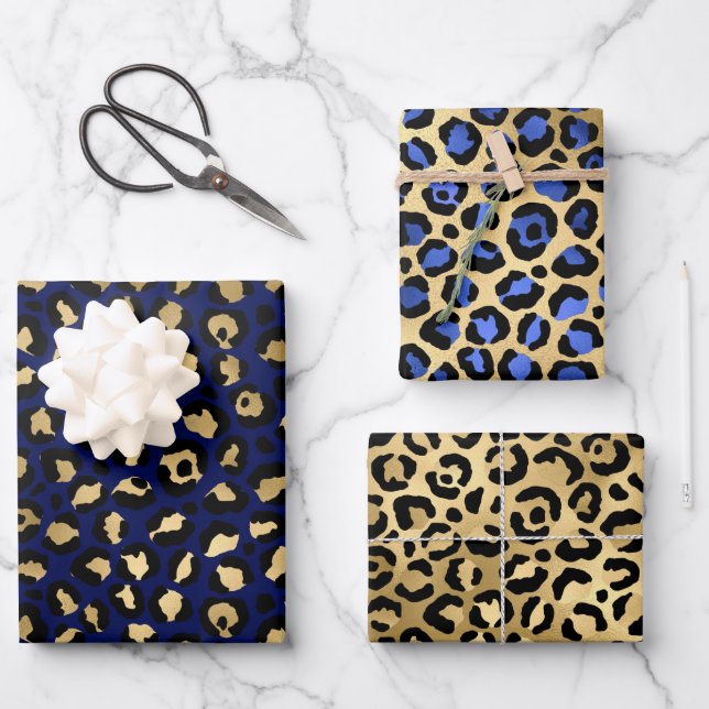 Stylish Royal Blue & Gold Foil Leopard Spots Wrapping Paper Sheets (Front)