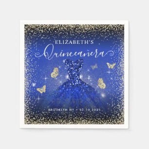 Stylish Royal Blue Gold Glitter Gown Quinceañera Napkins