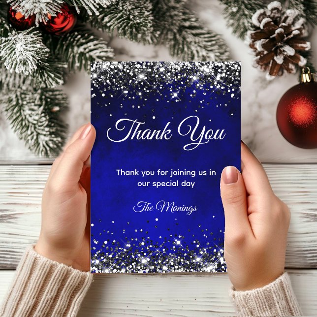 Stylish royal blue silver faux glitter  thank you card (Creator Uploaded)