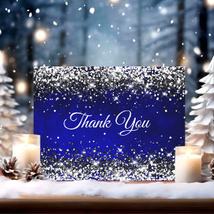 Stylish royal blue silver faux glitter thank you card