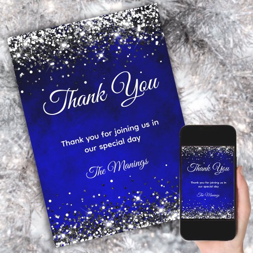 Stylish royal blue silver faux glitter  thank you card