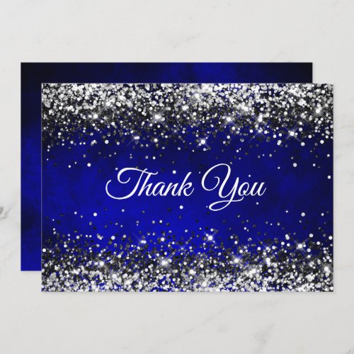 Stylish royal blue silver faux glitter   thank you card