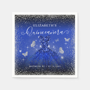 Stylish Royal Blue Silver Glitter Gown Quinceañera Napkins