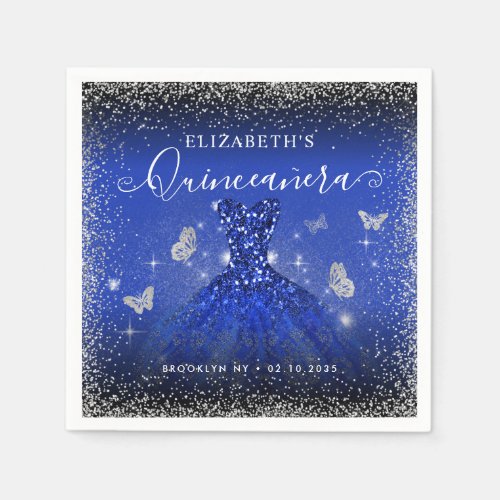 Stylish Royal Blue Silver Glitter Gown Quinceaera Napkins