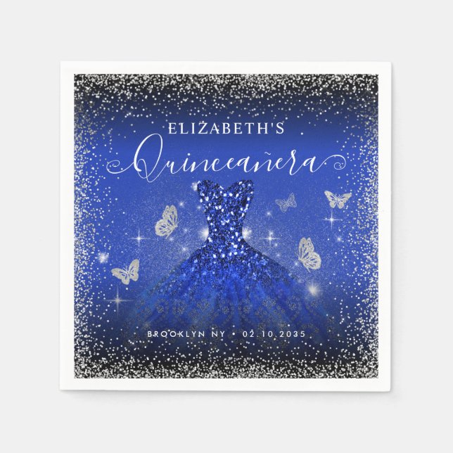 Stylish Royal Blue Silver Glitter Gown Quinceañera Napkins (Front)