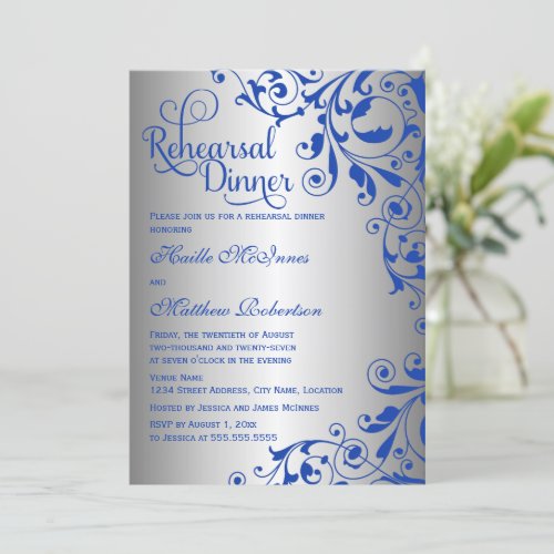 Stylish Royal Blue Silver Swirls Rehearsal Dinner Invitation