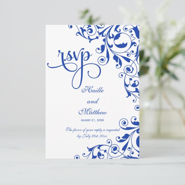 Stylish Royal Blue Swirls RSVP (Standing Front)