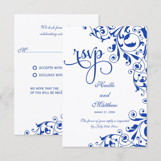 Stylish Royal Blue Swirls RSVP Card (Front/Back)