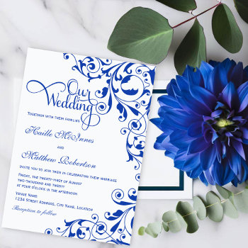 Stylish Royal Blue Swirls Wedding Invitation by SocialiteDesigns at Zazzle