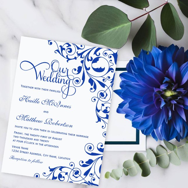 Stylish Royal Blue Swirls Wedding Invitation (Royal blue swirls and elegant script 'Our Wedding" text wedding invitation.)