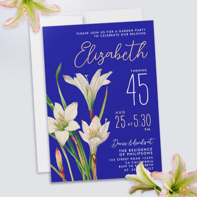 Stylish Royal Blue White Lily Flower Woman Bday Invitation (Creator Uploaded)