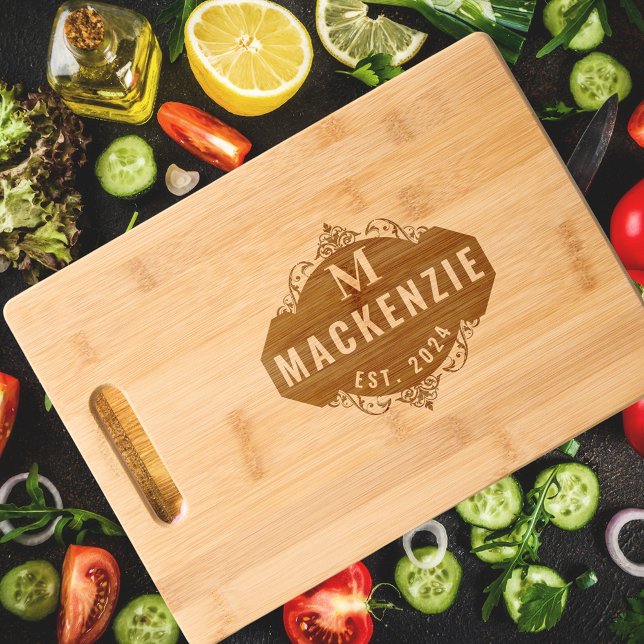 Stylish Royal Crest Sign Chic Monogram Family Name Engraved Cutting Board (Creator Uploaded)