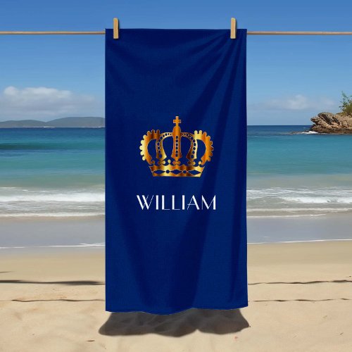 Stylish Royal Gold Crown Name Blue Beach Towel