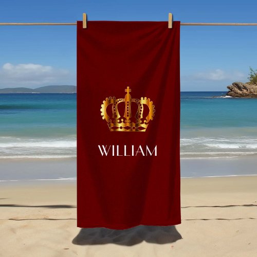 Stylish Royal Gold Crown Name Red Beach Towel
