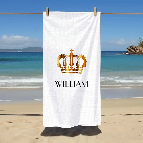 Stylish Royal Gold Crown Name White Beach Towel