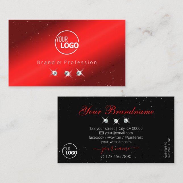 Stylish Ruby Red Black Sparkling Diamonds Add Logo Business Card (Front/Back)