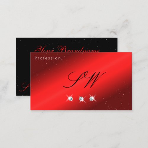Stylish Ruby Red Black Sparkling Diamonds Monogram Business Card