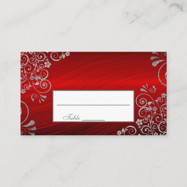 Stylish Ruby Red Gray Floral Swirl Wedding Place Card (Front)
