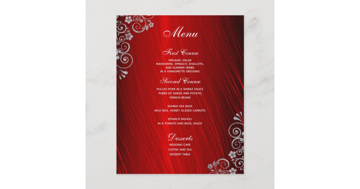 Stylish Ruby Red Gray Swirl Wedding Menu | Zazzle