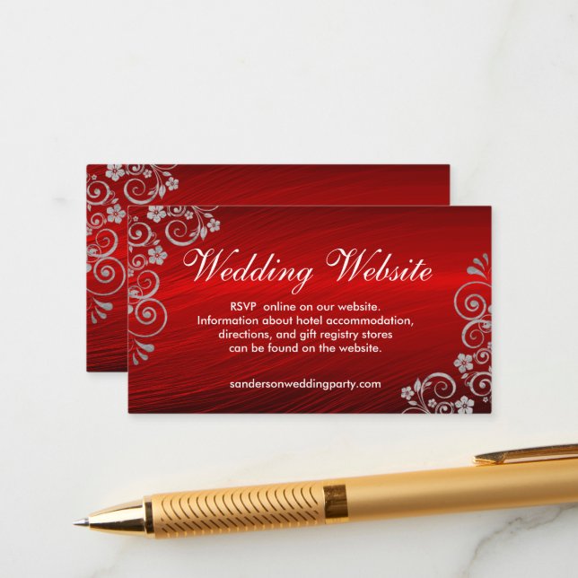 Stylish Ruby Red Gray Swirls Wedding Website Enclosure Card (Front/Back In Situ)